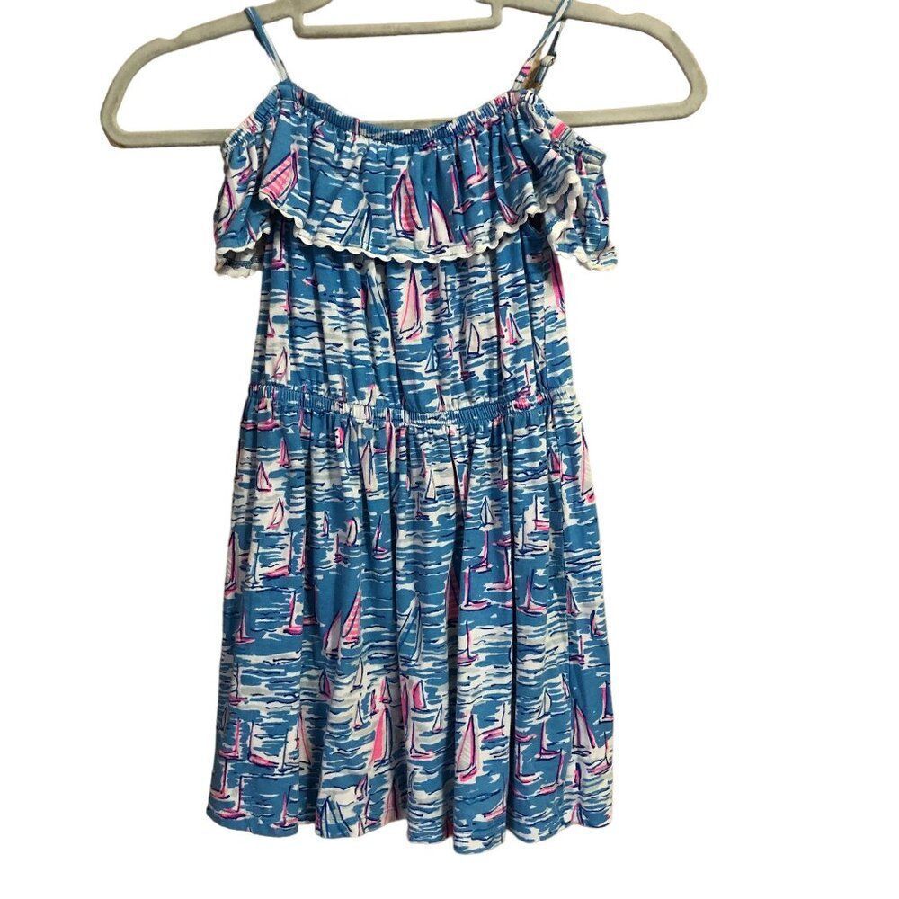 Lilly Pulitzer Blue and Pink Sailboat Print Off-Shoulder Dress